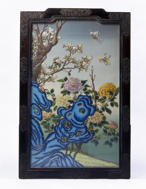 红木边漆地嵌珐琅花蝶图插屏