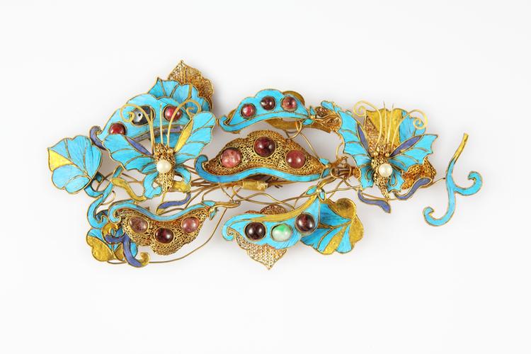 银镀金嵌珠宝扁豆蝴蝶纹簪