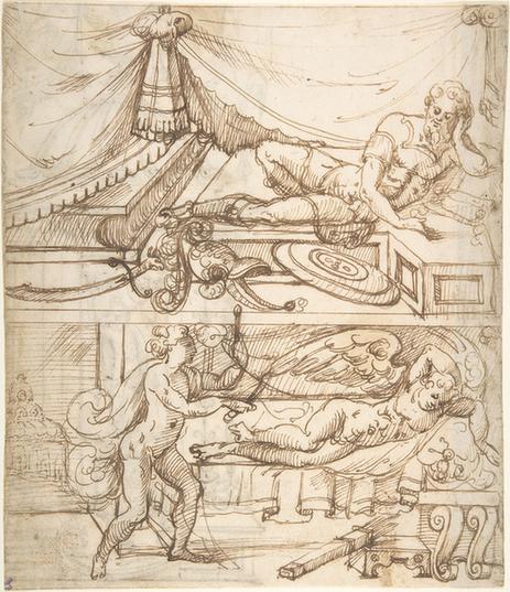 attributed to Andrés de Melgar--Warrior Reclining, Over Reclining Cupid in Interior