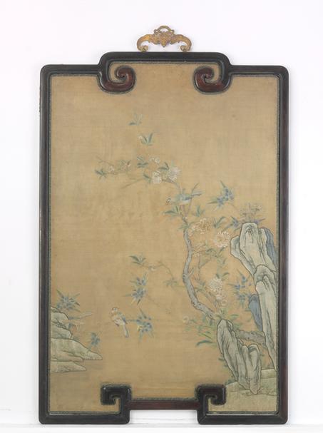 紫檀木边绣花鸟图挂屏