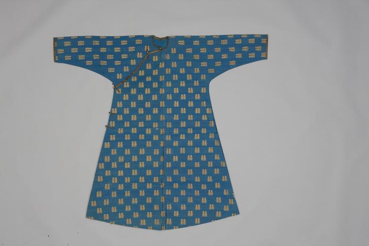 蓝绿色缂金双喜字纹女棉袍