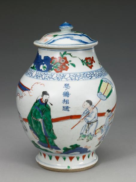 五彩琴鹤相随人物图盖罐