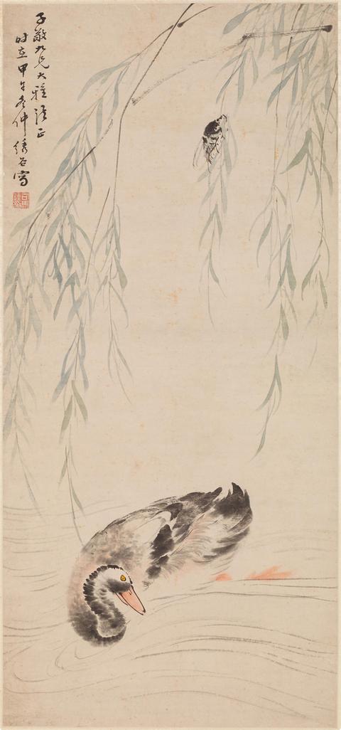 柳鸭图轴