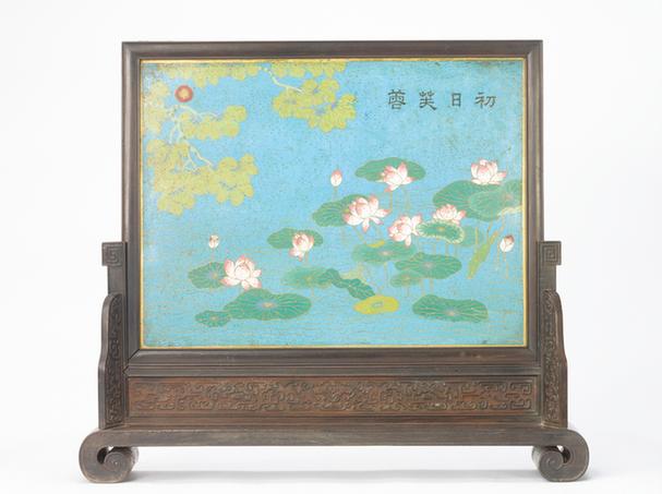 紫檀木边座嵌珐琅花卉图插屏