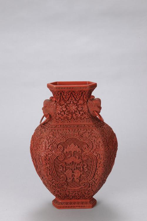 剔红开光吉庆有余纹双兽耳六方瓶