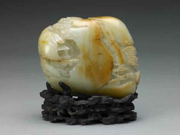 青玉刻诗春山访友图山子