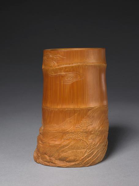 竹节式刻松树人物笔筒