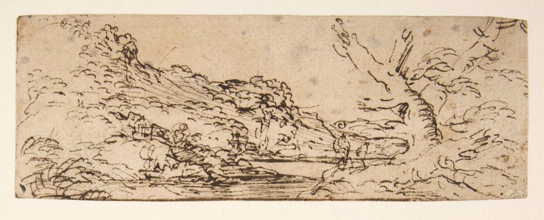 Salvator Rosa--Landscape with hills and a lake, trees in right foreground