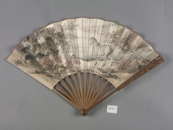 竹股雕花边嘉庆帝书冯寜画马图面折扇