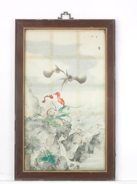 木边画灵芝蝙蝠图挂屏