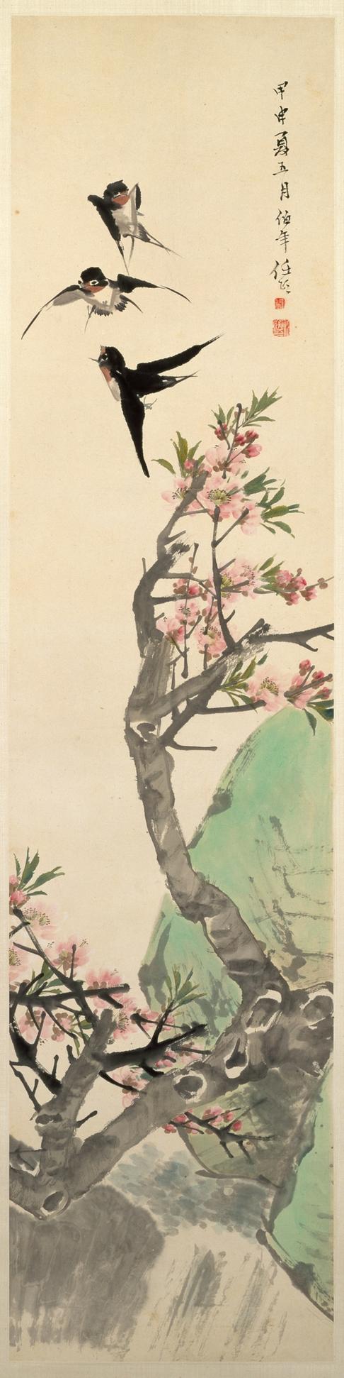 碧桃春燕图轴
