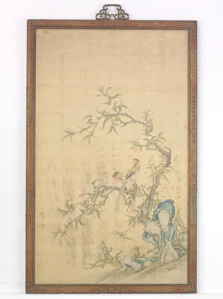 填漆边缂丝花鸟图挂屏