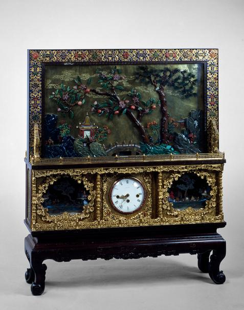 紫檀框群仙祝寿插屏钟