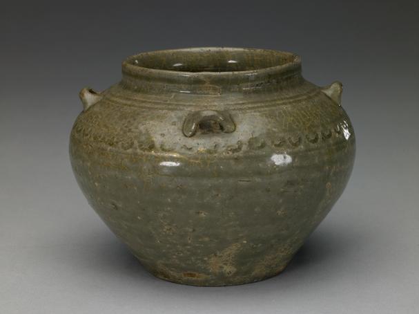 青釉印网格纹四系小罐