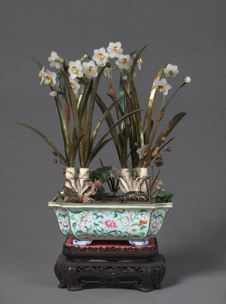 画珐琅委角长方盆白色玻璃水仙盆景