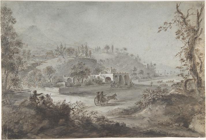 attributed to Giuseppe Zocchi--Landscape Prospect with a Buggy and a Herd of Goats
