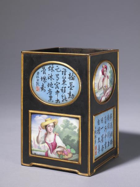 黑漆嵌珐琅仕女图方笔筒