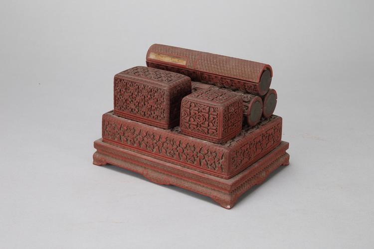 剔红福寿缠枝莲纹书卷式三层套盒