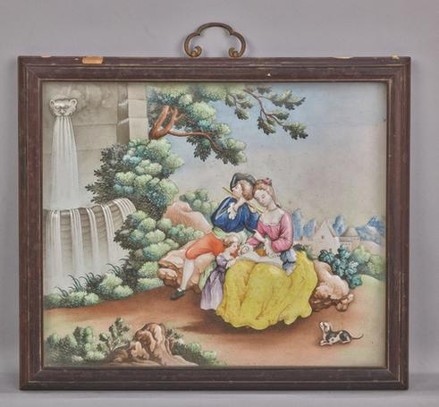 紫檀木边画珐琅人物图挂屏