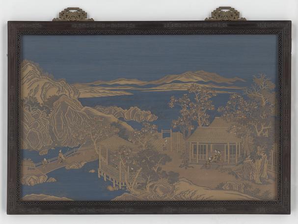 缂金加绣山庄人物图挂屏