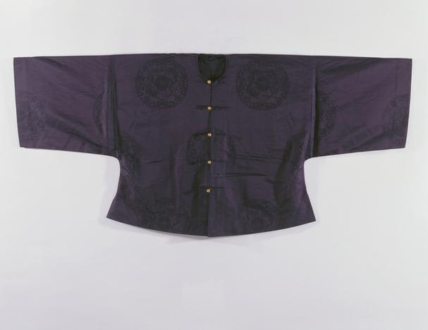 红青色团年年吉庆纹暗花江绸对襟单马褂