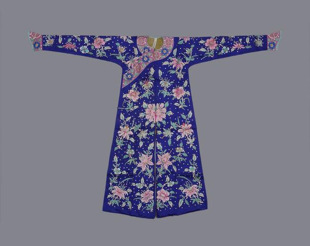 蓝色缎盘金绣折枝花纹钉广片箭衣