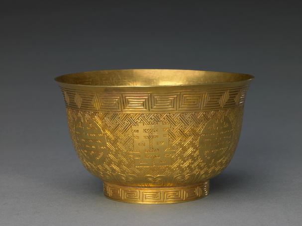 金錾花双喜圆寿字茶碗