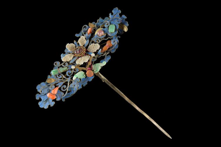 点翠料石珠葫芦花蝶纹头花
