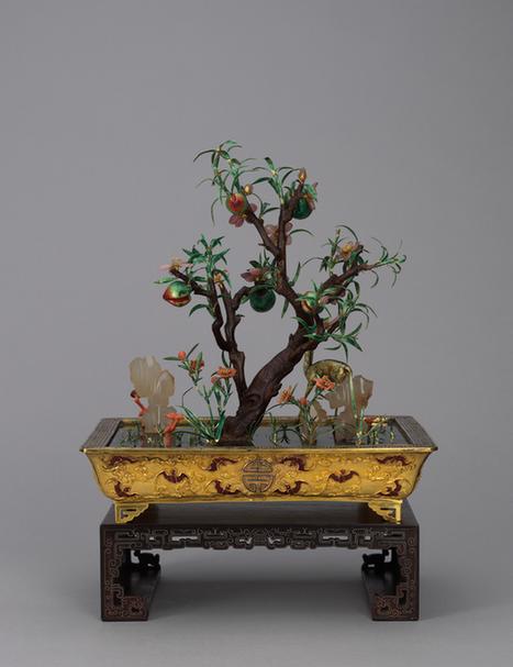 金长方盆木石桃鹿盆景