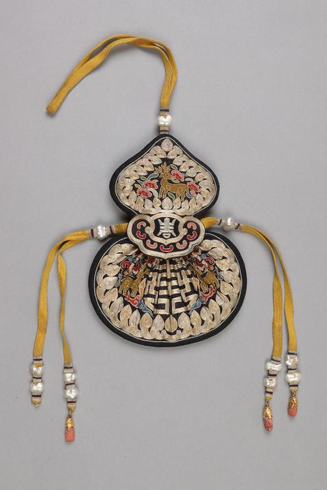 石青色缎平金锁绣福禄寿纹葫芦式荷包