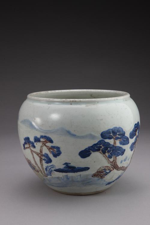 宣德款釉里三色山水人物图缸