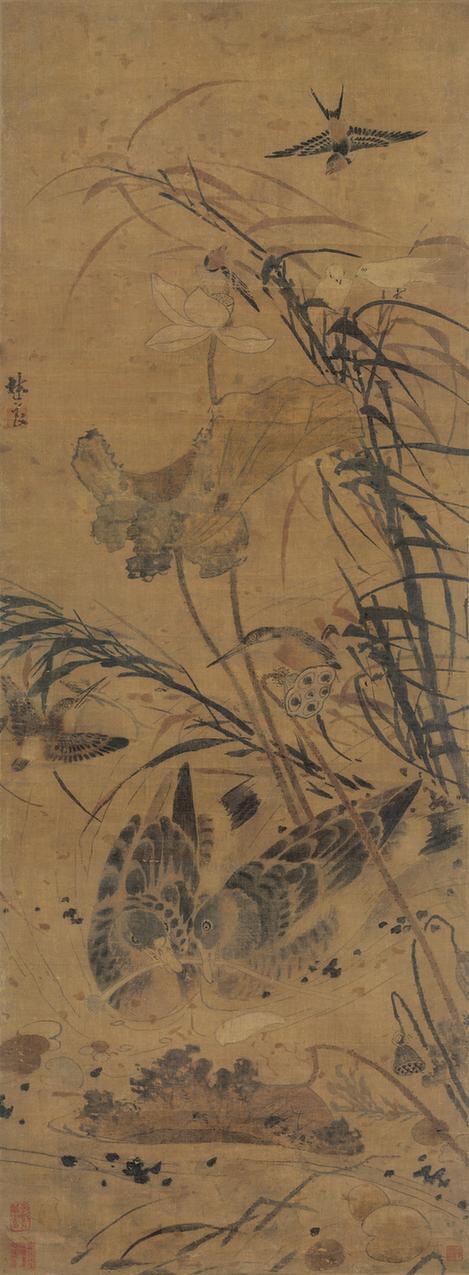 荷塘聚禽图立轴