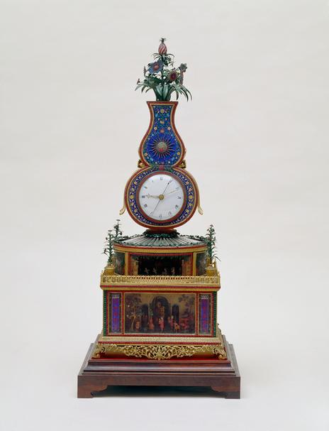 铜镀金珐琅葫芦式跑人水法转花变字钟