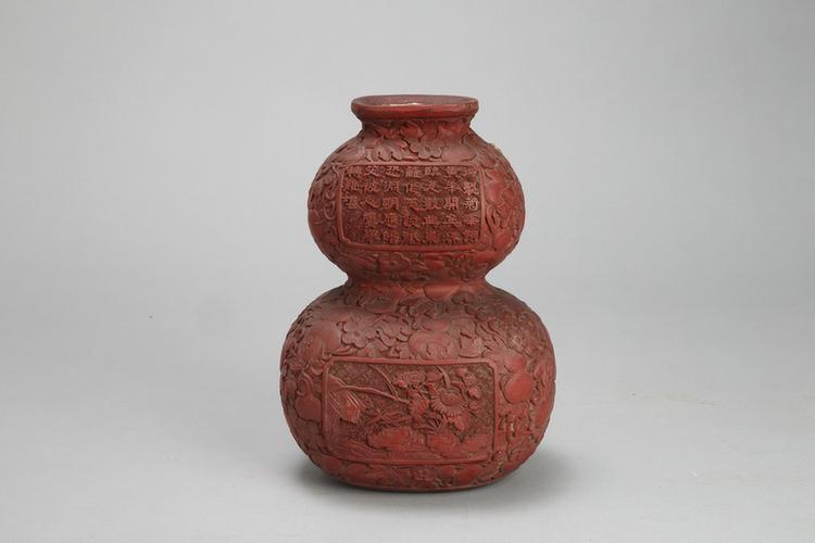 剔红四开光葫芦万代纹葫芦式扁瓶