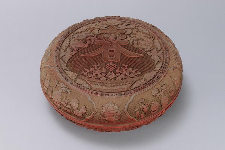 剔红寿春图开光博古纹圆盒