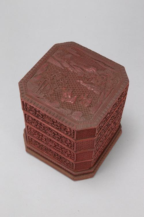 剔红山水人物图开光缠枝莲纹带座四方委角三层盒