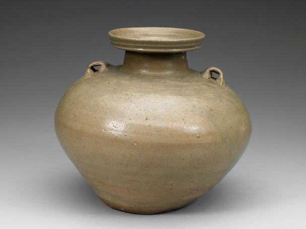 青釉弦纹双系洗口罐