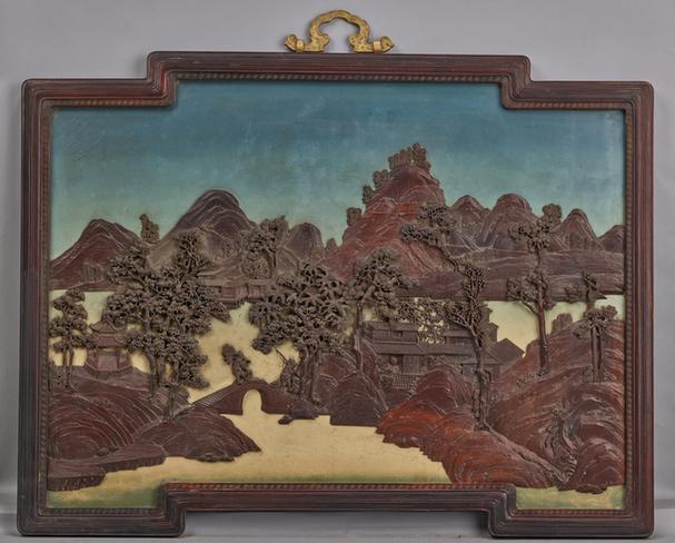 红木雕花边雕山水图挂屏
