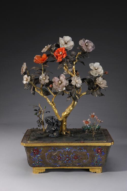 银累丝嵌玉石玻璃盆银叶玉石桃花盆景