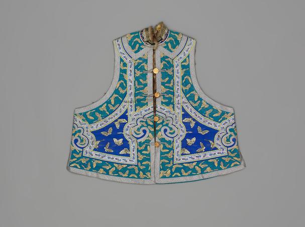 蓝色缂丝水墨百蝶纹对襟皮坎肩