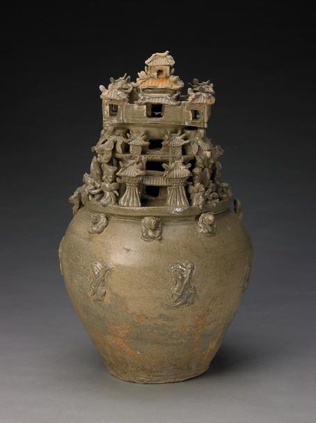 青釉堆塑楼阁人物谷仓罐