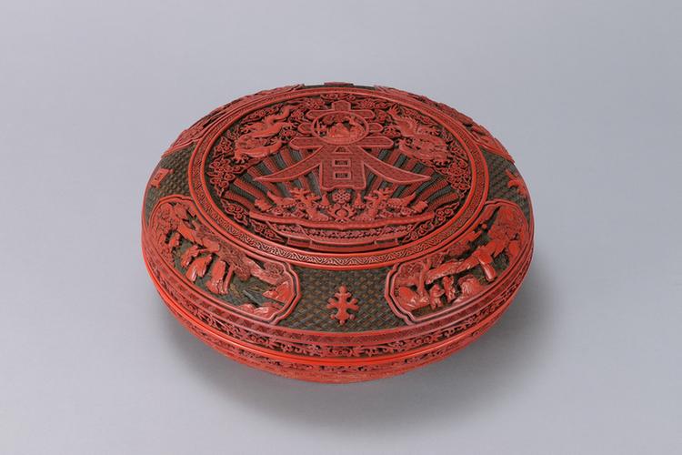 剔红寿春图开光山水人物图圆盒