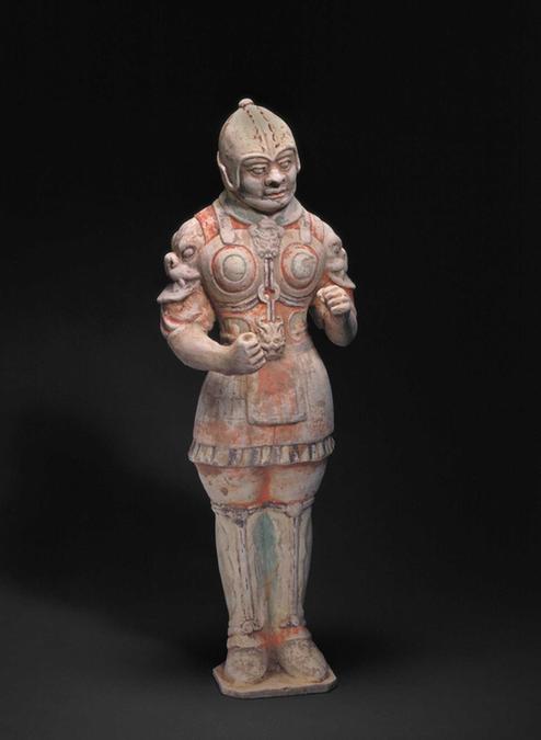 陶画彩铠甲风帽武士俑