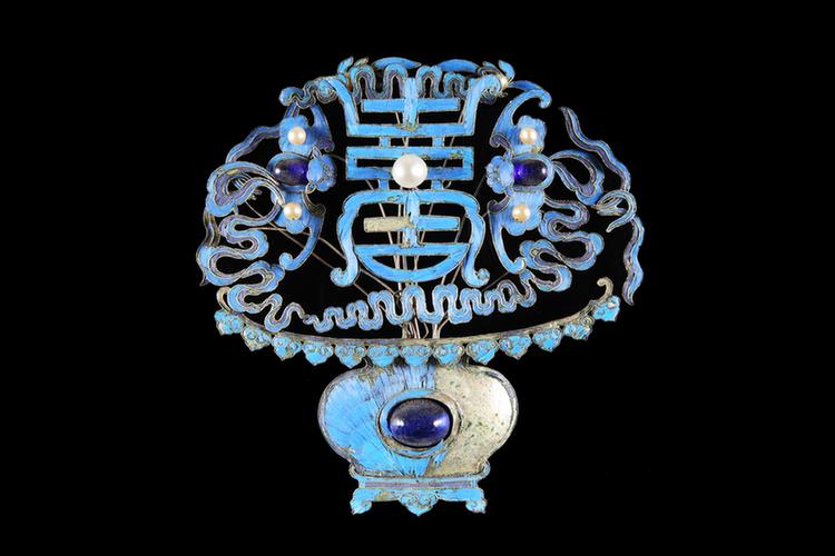 点翠镶料珠长寿字纹头花