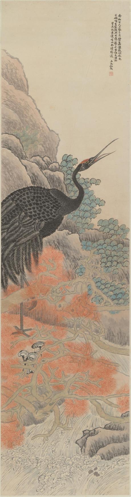 红松玄鹤图轴
