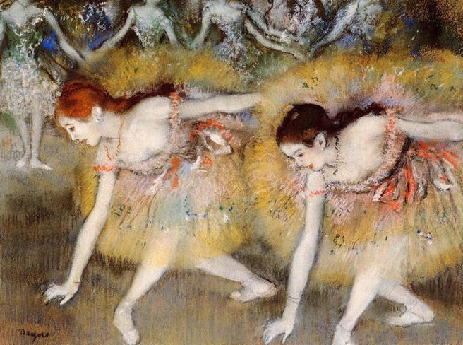 Dancers Bending Down (also known as The Ballerinas) - - Private collection - pastel