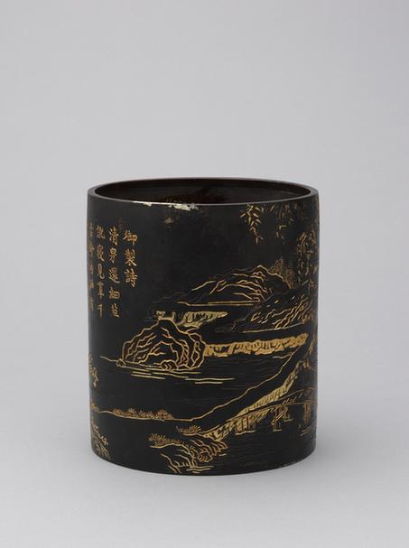 乌铜錾山水图嵌金圆笔筒