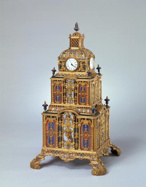 铜镀金亭式规矩箱四面表