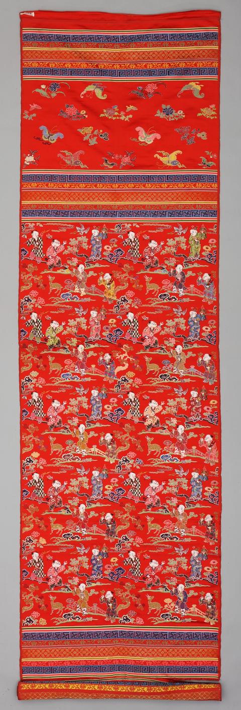 红色百子图妆花缎被面料