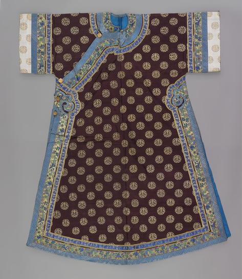 绛色缂金团寿纹夹氅衣